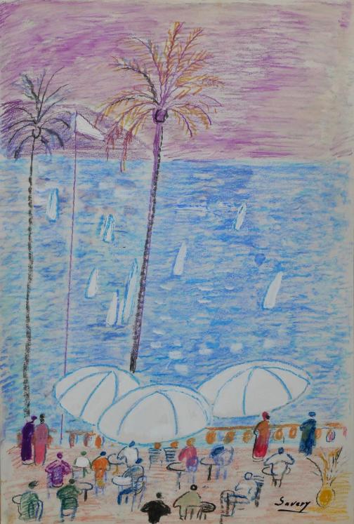 Robert SAVARY - Dessin original - Pastel - Plage aux palmiers