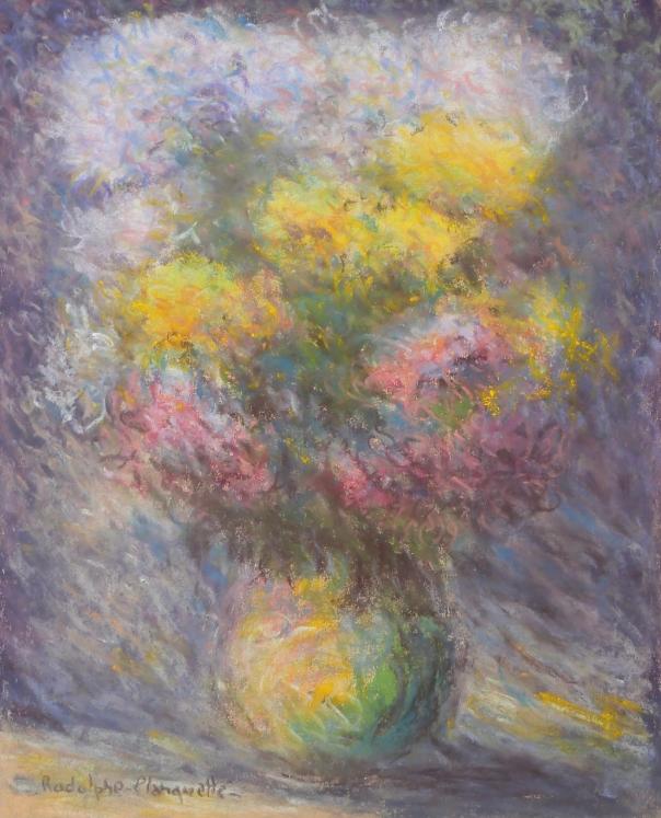 Rodolphe PLANQUETTE - Dessin original - Pastel - Vase vert aux chrysanthèmes