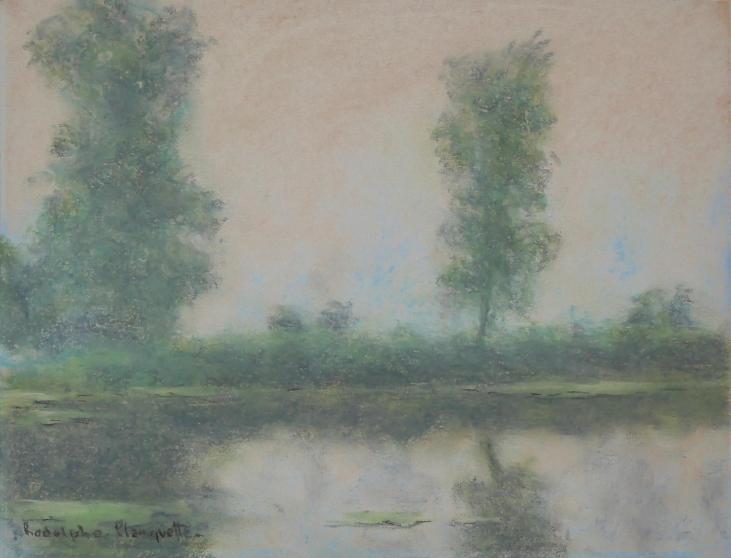Rodolphe PLANQUETTE - Dessin original - Pastel - Matinée sur la charente, deux arbres dans la brume