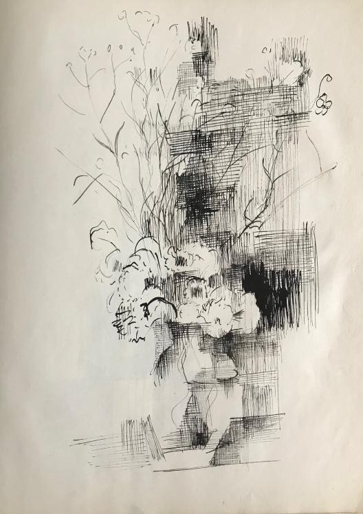 Lancelot Ney - Dessin original - Encre - Le bouquet de fleur devant le fenêtre 1