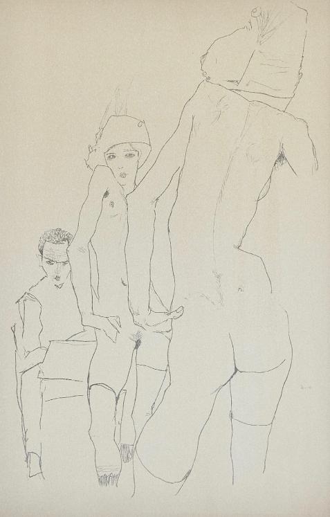 Egon SCHIELE - Estampe -Lithographie - Schiele Drawing a Nude Model Before a Mirror