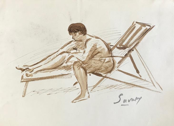 Robert SAVARY - Peinture originale - Lavis - Femme sur la chaise longue