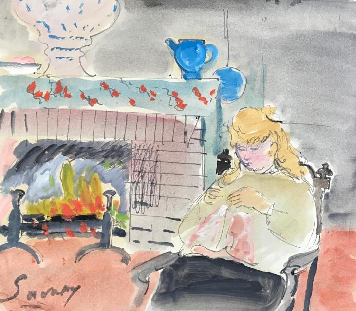 Robert SAVARY - Peinture originale - Gouache - Femme au coin du feu