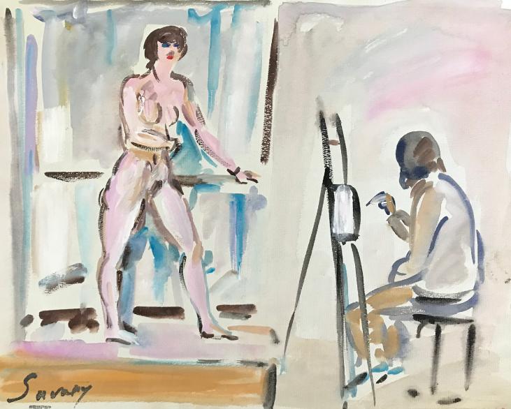 Robert SAVARY - Peinture originale - Gouache - Le peintre et son modèle 30