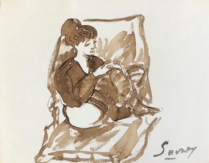Robert SAVARY - Peinture originale - Lavis - Femme assise 1