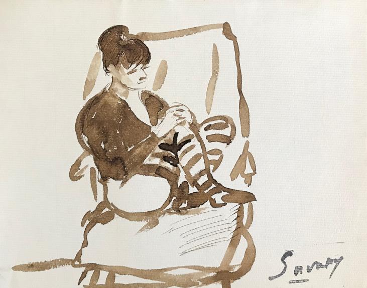 Robert SAVARY - Peinture originale - Lavis - Femme assise 2