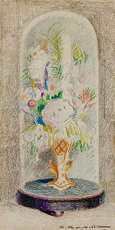Auguste ROUBILLE - Dessin original - Crayon - Fleurs sous le dome