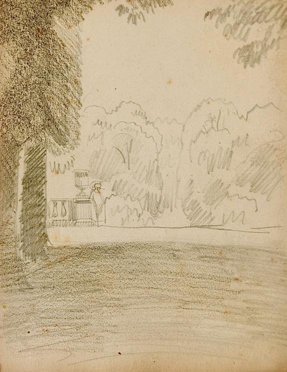 Auguste ROUBILLE - Dessin original - Crayon - Le jardin de la villa