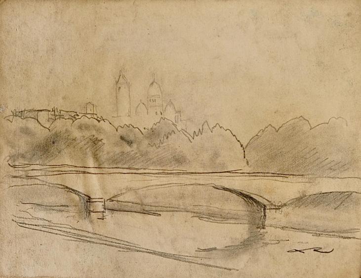 Auguste ROUBILLE - Dessin original - Crayon - Pont Parisien