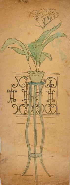 Auguste ROUBILLE - Dessin original - Crayon - Porte plante verte