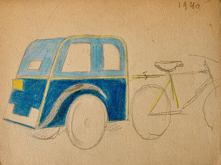 Auguste ROUBILLE - Dessin original - Crayon - Velo taxi