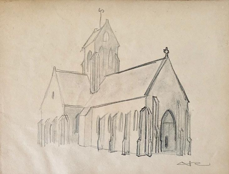 Auguste ROUBILLE - Dessin original - Crayon - Eglise