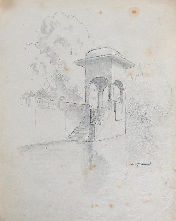 Auguste ROUBILLE - Dessin original - Crayon - Escalier au bord de l'eau