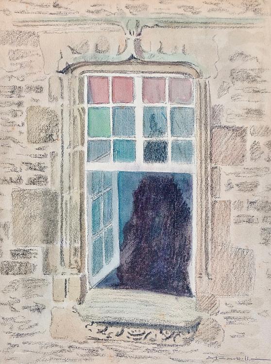 Auguste ROUBILLE - Peinture originale - Aquarelle - La fenêtre du chateau