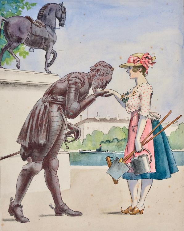 Auguste ROUBILLE - Peinture originale - Aquarelle - La Statue Henri IV, Pont 9