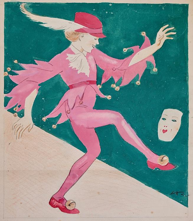 Auguste ROUBILLE - Peinture originale - Gouache - Le danseur et le masque 1