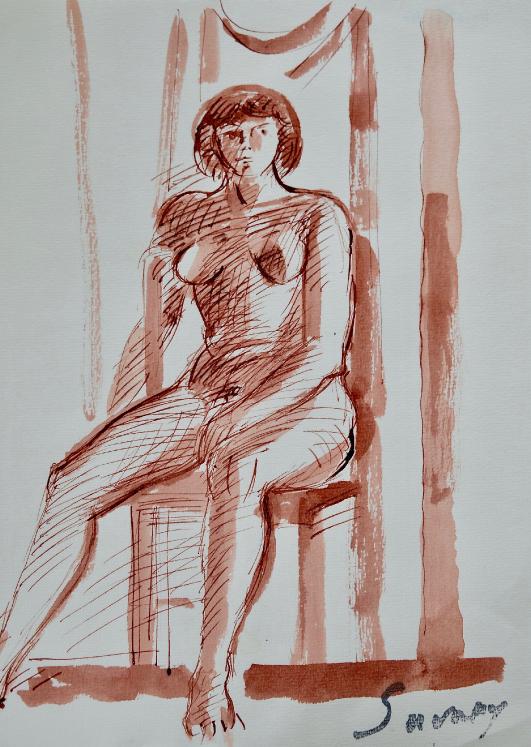 Robert SAVARY - Peinture originale - Lavis - Nu assis