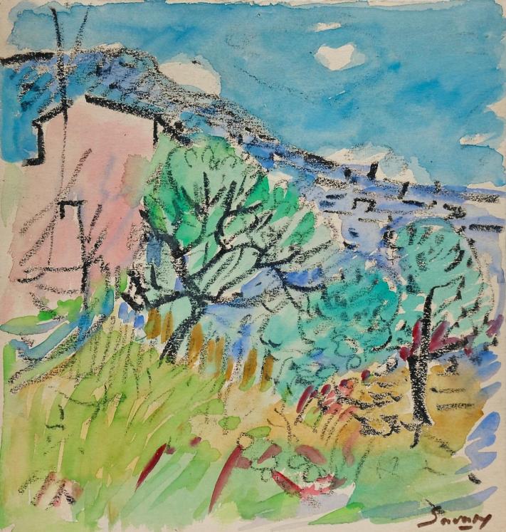 Robert SAVARY - Peinture originale - Aquarelle et Pastel - La maison rose, Grasse
