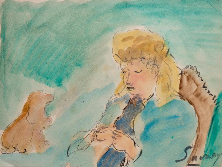 Robert SAVARY - Peinture originale - Aquarelle et feutre - La Jeune Femme au Chien