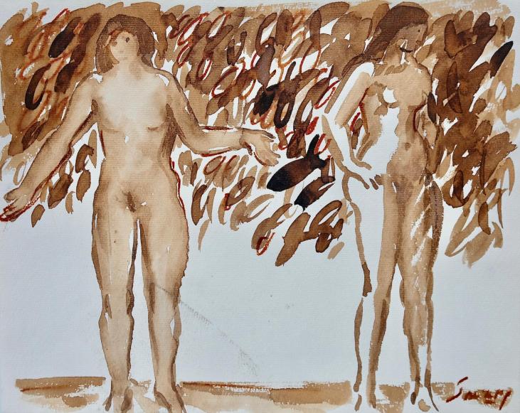 Robert SAVARY - Peinture originale - Lavis brun - Nu