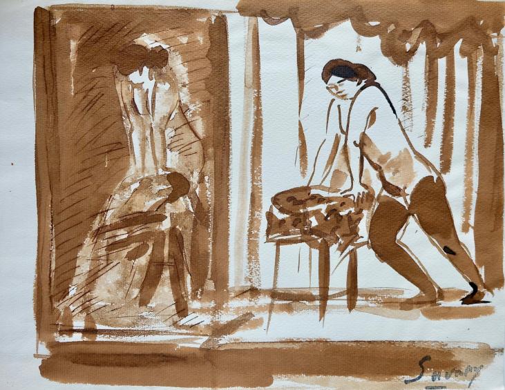 Robert SAVARY - Peinture originale - Lavis brun - Nu au Miroir