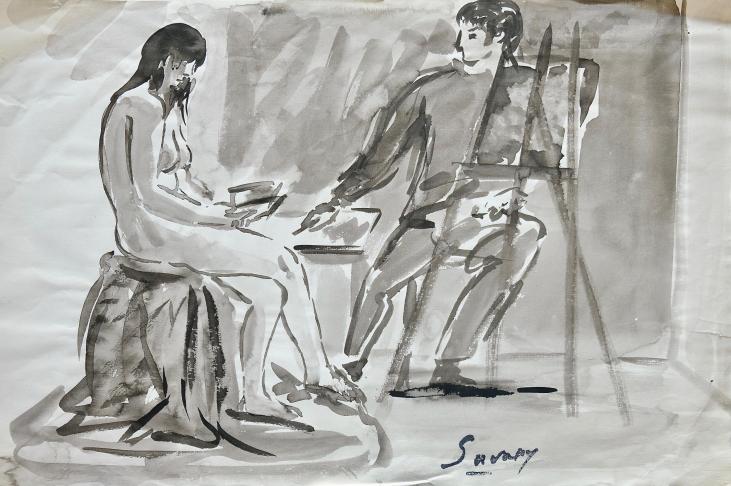 Robert SAVARY - Peinture originale - Lavis noir - Le Peintre et son Modèle