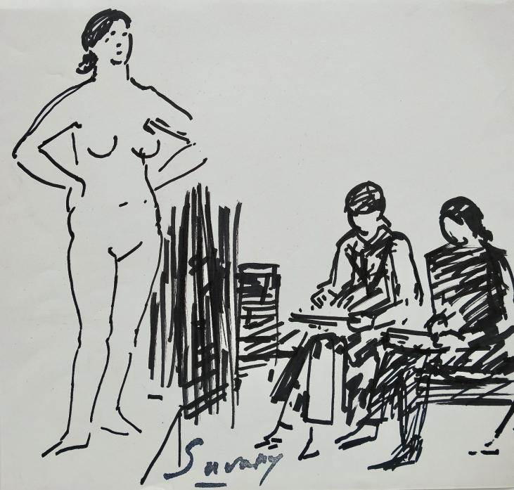 Robert SAVARY - Dessin original - Feutre - Le peintre et son modèle 43