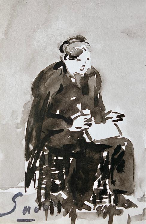 Robert SAVARY - Peinture originale - Lavis - Femme assise 3
