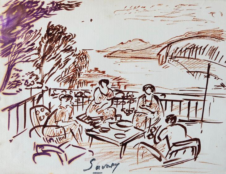 Robert SAVARY - Peinture originale - Lavis - Repas sur la terrasse à Magagnosc