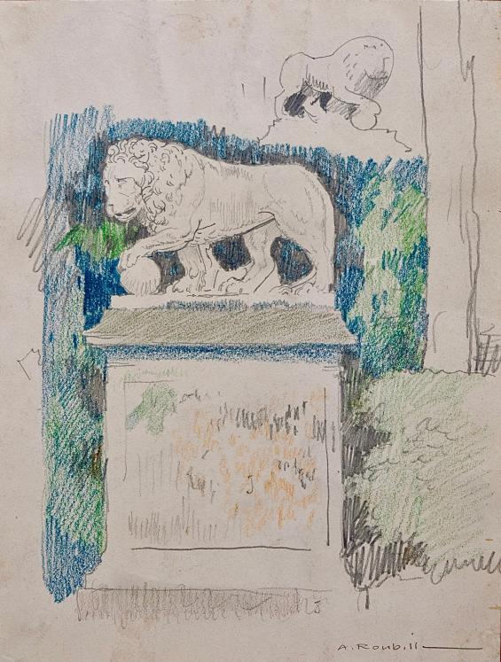 Auguste ROUBILLE - Dessin original - Crayon - Lion Statue Parc de St Cloud
