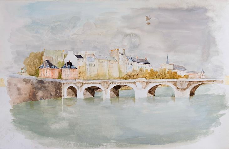 Janine JANET - Peinture originale - Aquarelle - Vue sur la Seine et place Dauphine, Paris