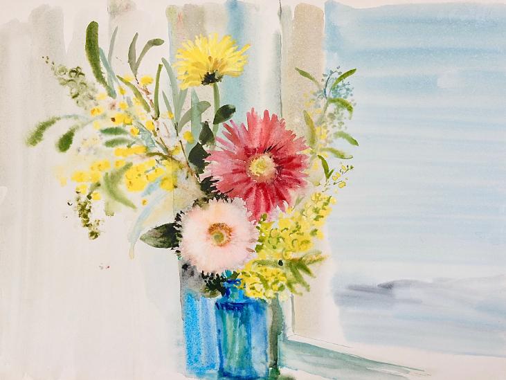 Janine JANET - Peinture originale - Aquarelle - Bouquet dans un vase bleu