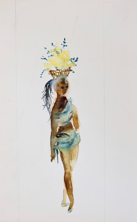 Janine JANET - Peinture originale - Aquarelle - Femme aux fleurs