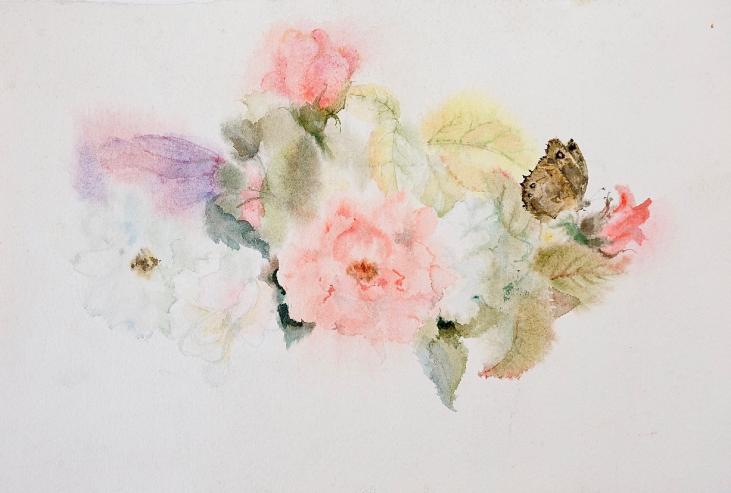 Janine JANET - Peinture originale - Aquarelle - Fleurs au papillon