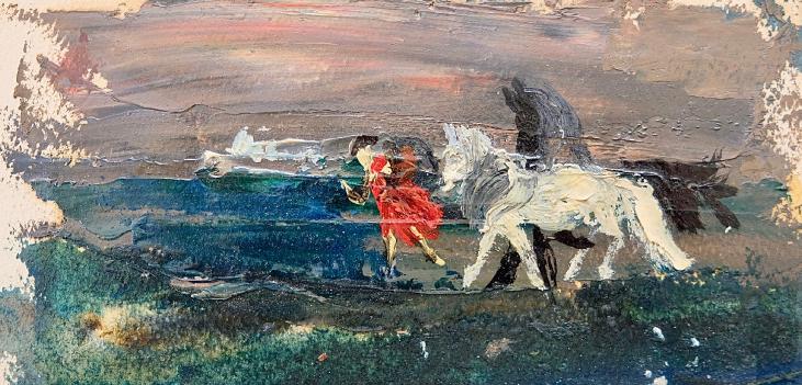 Janine JANET - Peinture originale - Huile -  Le cavalier et ses chevaux