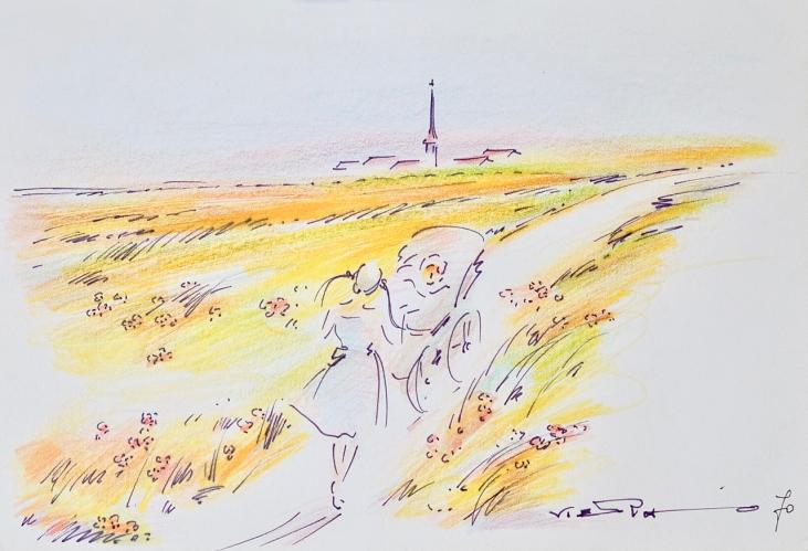 Claude VIETHO - Dessin original - Encre - Promenade à la campagne