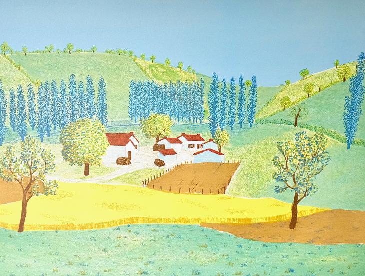 Maurice LOIRAND - Estampe originale - Lithographie - Maisons dans la vallée