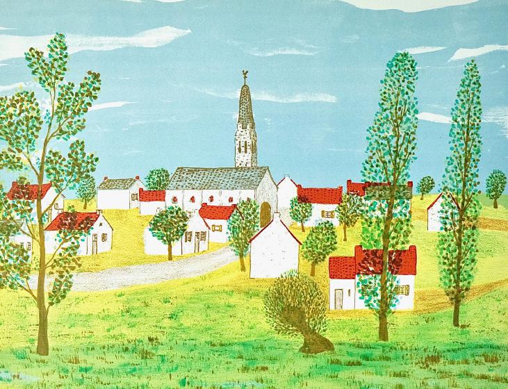 Maurice LOIRAND - Estampe originale - Lithographie - Village à l'église 2