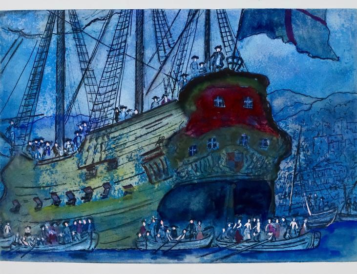 Armel DE WISMES - Peinture Originale - Aquarelle - Le débarquement de nuit