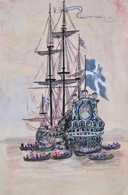 Armel DE WISMES - Peinture Originale - Aquarelle - L'embarquement à bord du galion 2