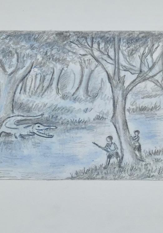 Armel DE WISMES - Dessin Original - Crayons - Chasse au crocodile
