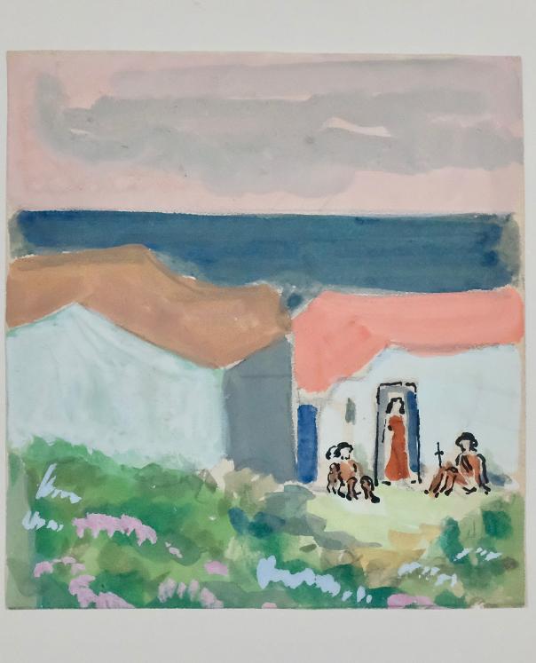 Armel DE WISMES - Peinture Originale - Gouache - Personnages près des maisons