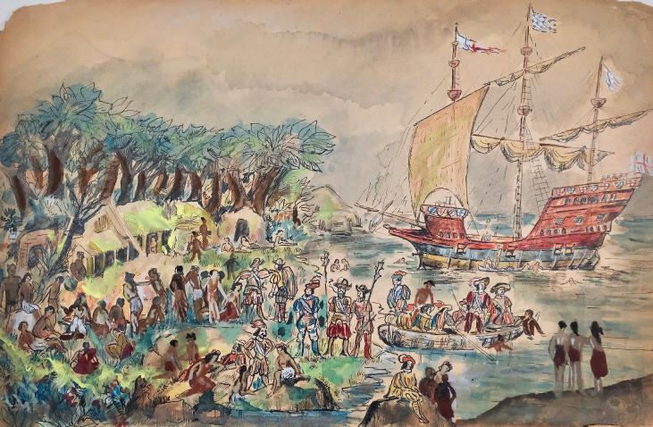Armel DE WISMES - Peinture Originale - Aquarelle - L'arrivée des colons anglais
