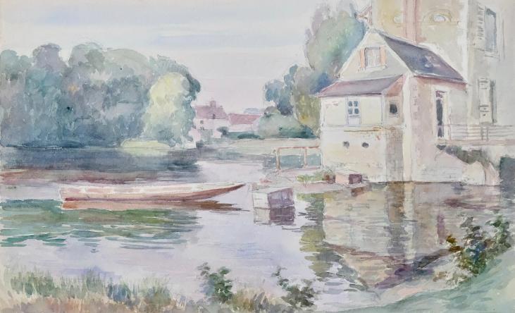 Paul CORDONNIER - Peinture Originale - Aquarelle - La bâtisse au bord de l'eau