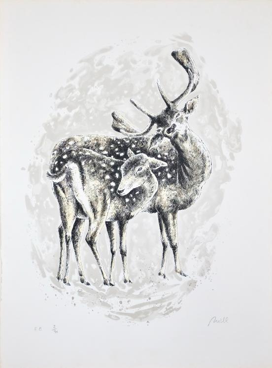 Jean-Claude LÉONARD MICHEL - Estampe originale - Lithographie - Le cerf et son petit
