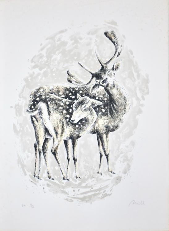 Jean-Claude LÉONARD MICHEL - Estampe originale - Lithographie - Le cerf et son petit 2