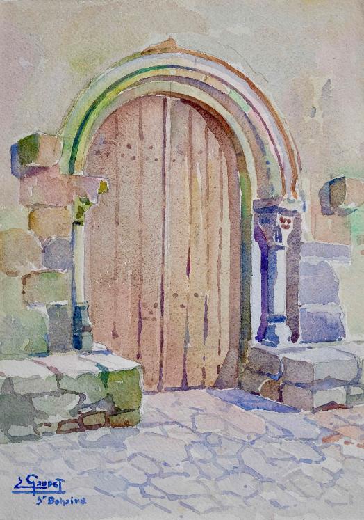 Etienne GAUDET - Peinture originale - Aquarelle - Porte de l'église St Bohaire, Val de Loire