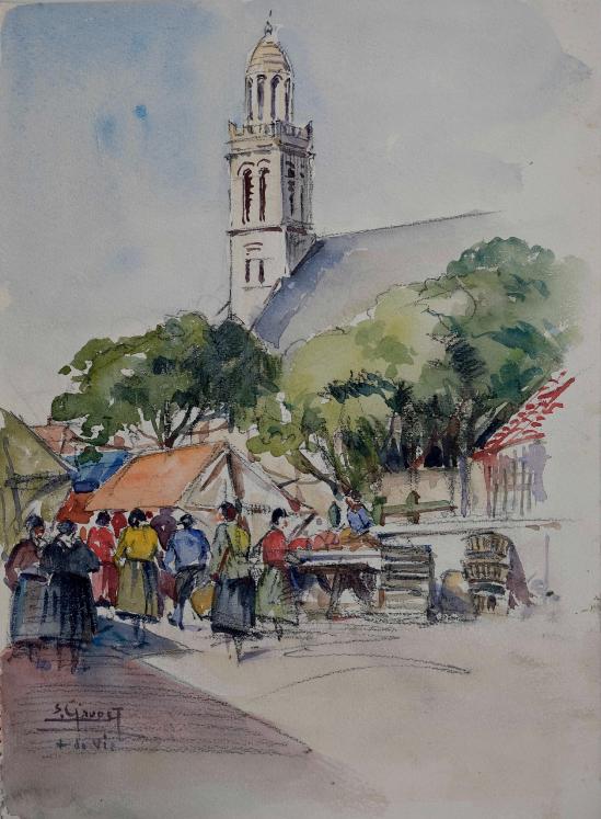 Etienne GAUDET - Peinture originale - Aquarelle - Marché de St Gilles Croix de Vie, Vendée 1