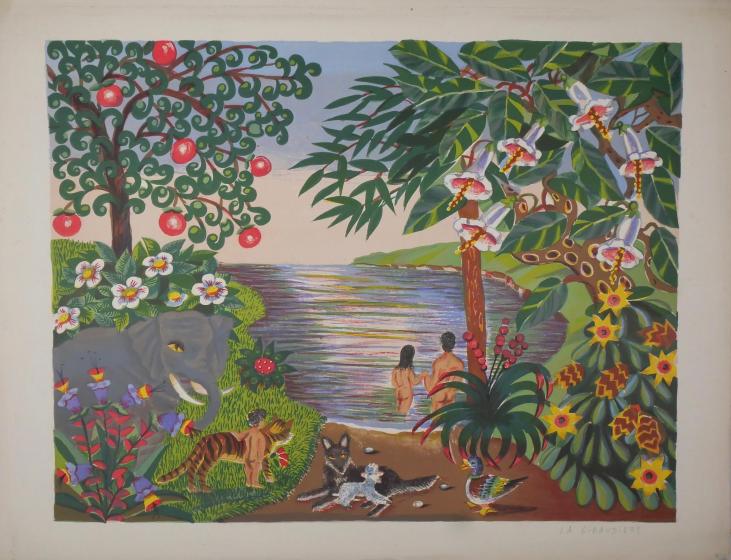Mady de La GIRAUDIERE - Estampe originale - Lithographie  - Adam et Eve au jardin d'Eden