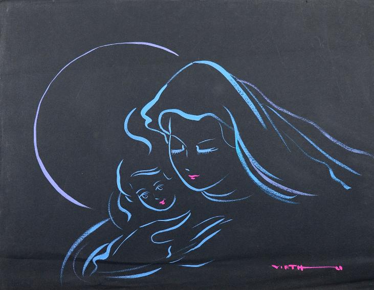 Claude VIETHO - Peinture originale - Gouache - La femme et l'enfant